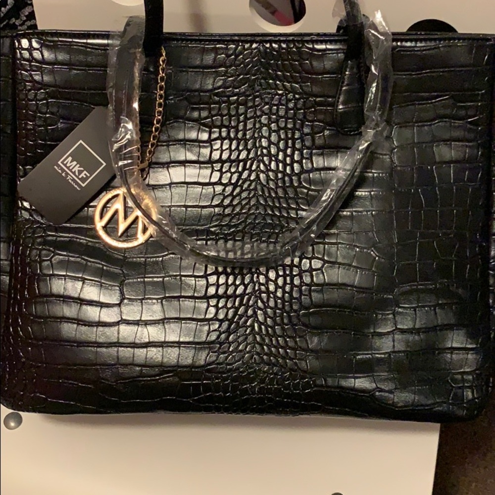 Mia Farrow Croco Embossed Black Tote.